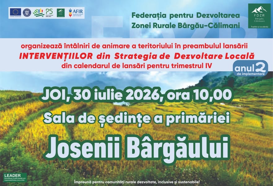 Afiș întâlnire de animare Josenii Bârgăului, 30 iulie 2026, ora 10:00