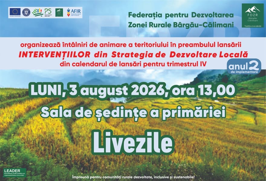 Afiș întâlnire de animare Livezile, 3 august 2026, ora 13:00