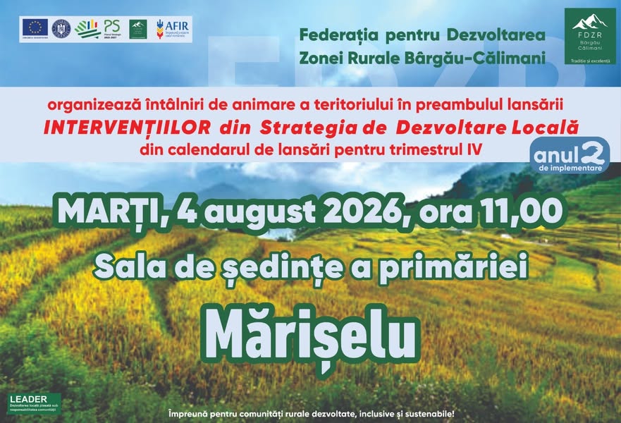 Afiș întâlnire de animare Mărișelu, 4 august 2026, ora 11:00