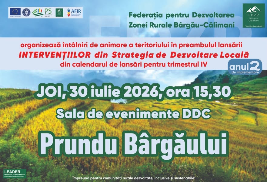 Afiș întâlnire de animare Prundu Bârgăului, 30 iulie 2026, ora 15:30