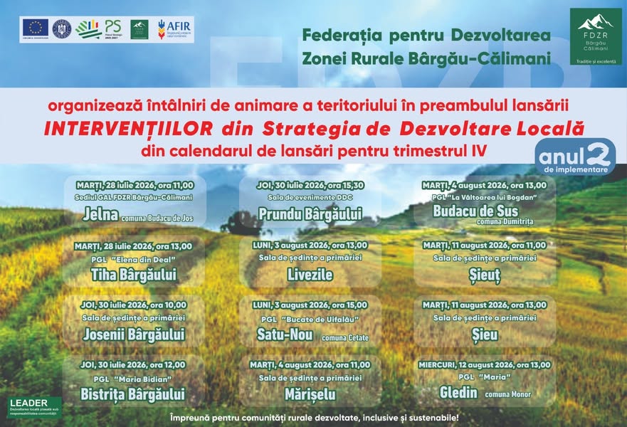 Afiș întâlniri de animare GAL FDZR Bârgău-Călimani, iulie - august 2026