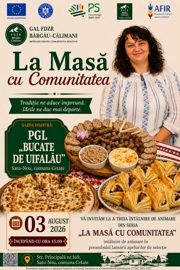 Afiș La Masă cu Comunitatea - PGL Bucate de Uifalău, Satu Nou, 3 august 2026