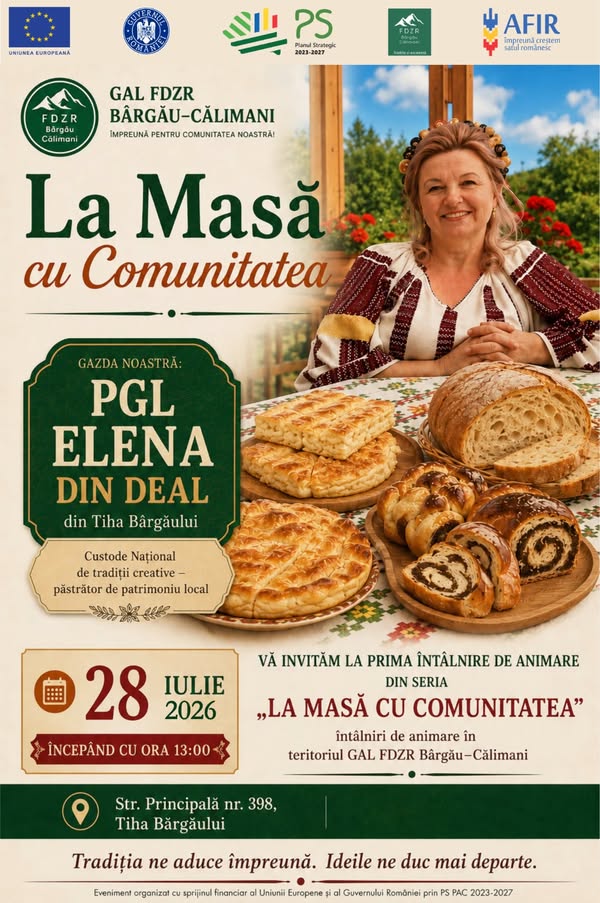 Afiș La Masă cu Comunitatea - PGL Elena din Deal, Tiha Bârgăului, 28 iulie 2026