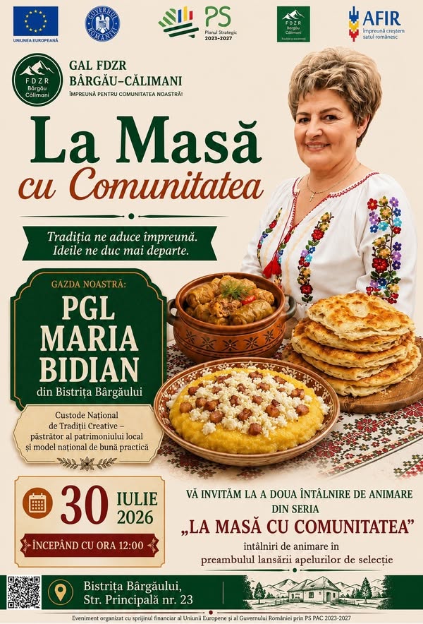 Afiș La Masă cu Comunitatea - PGL Maria Bidian, Bistrița Bârgăului, 30 iulie 2026