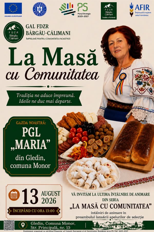 Afiș La Masă cu Comunitatea - PGL Maria, Gledin, comuna Monor, 13 august 2026
