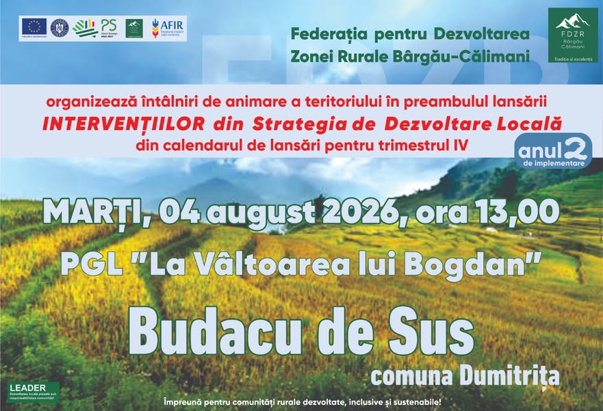 Afiș întâlnire de animare Budacu de Sus, comuna Dumitrița, 4 august 2026, ora 13:00