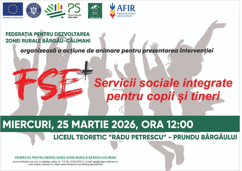 Afiș acțiune de animare FSE+ Servicii sociale integrate pentru copii și tineri, Prundu Bârgăului, 25 martie 2026